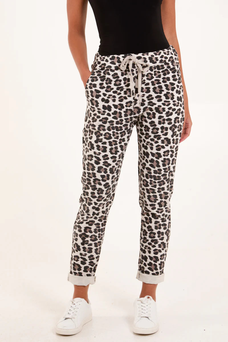 Beige Leopard Magic Drawstring Trousers