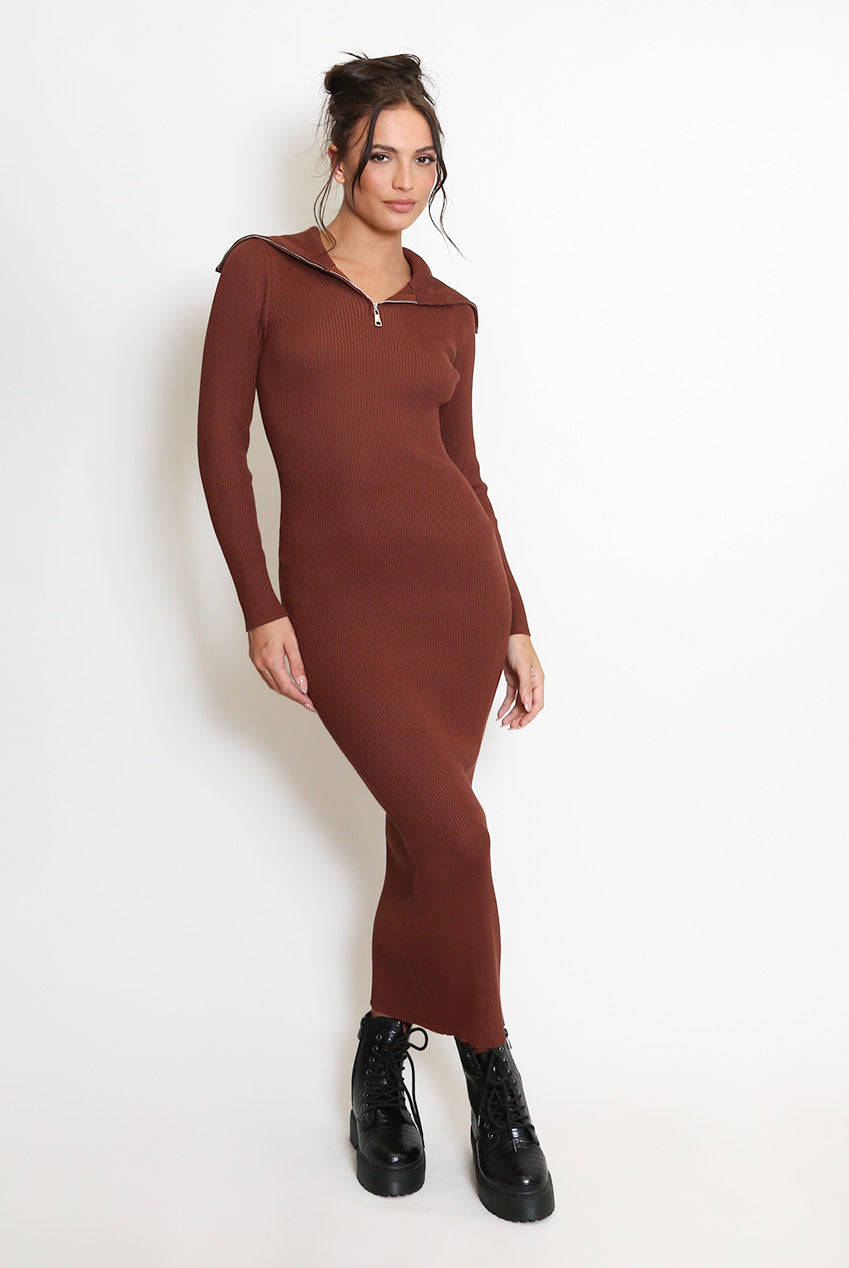 Chocolate Fine Knit Zip Collar Midi Dress