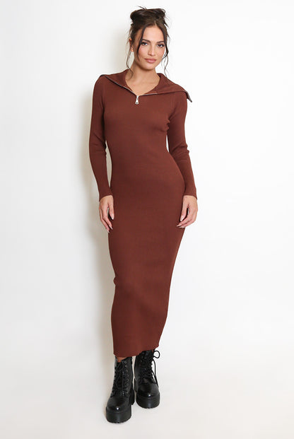 Chocolate Fine Knit Zip Collar Midi Dress