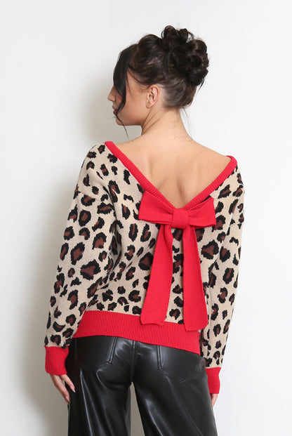 Leopard Contrast Bow Back Jumper