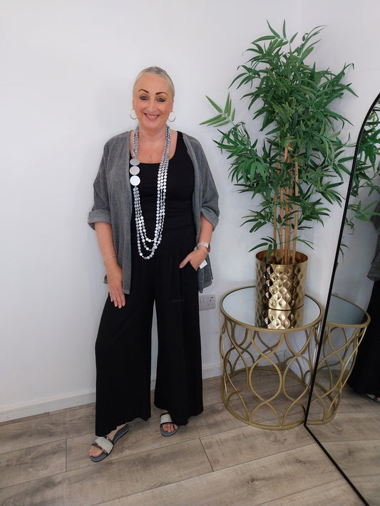Made In Italy Amalfi Linen Blend Wide Leg Pants Black