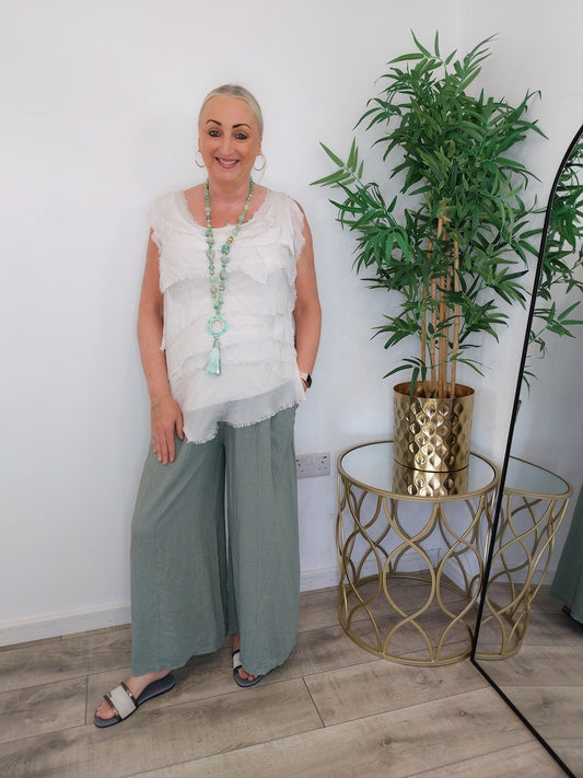 Made In Italy Amalfi Linen Blend Wide Leg Pants Khaki