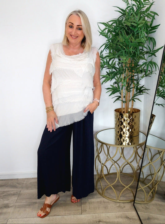 Made In Italy Amalfi Linen Blend Wide Leg Pants Navy