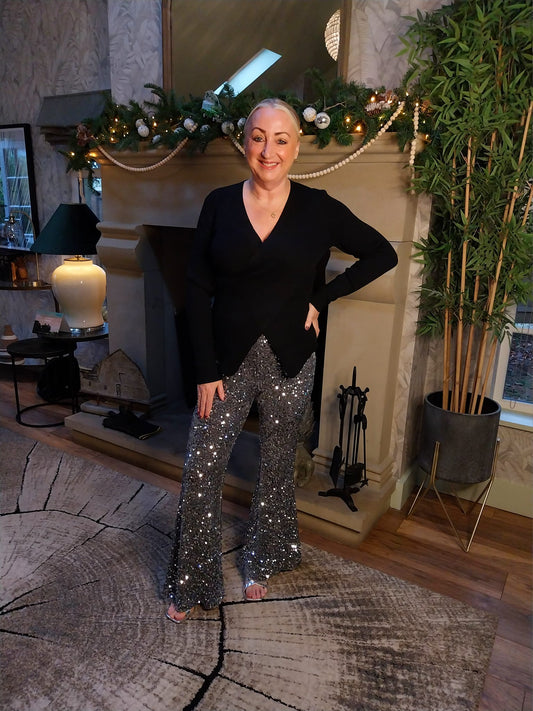 Silver Sequin Flare Leg Trousers